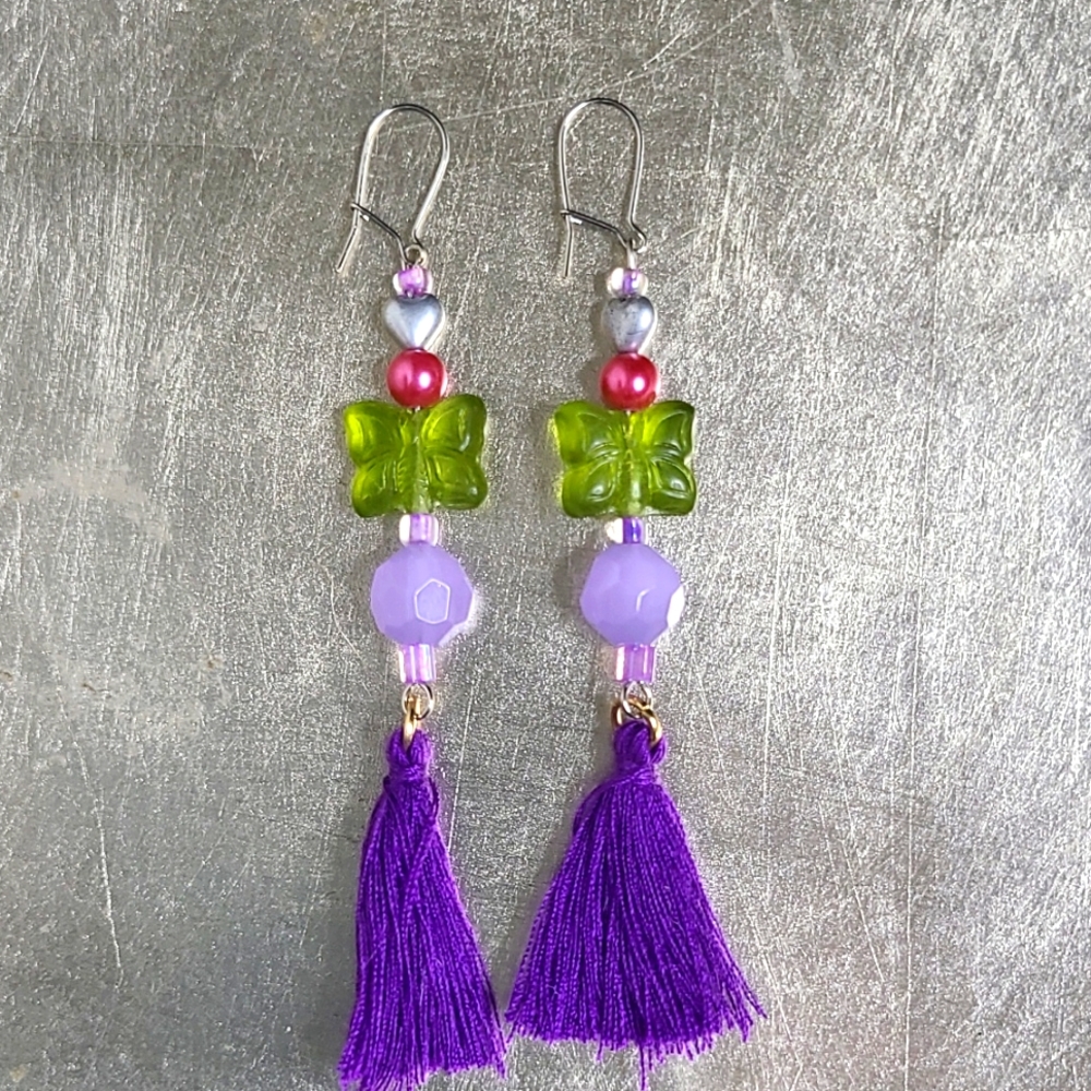 Handmade Butterfly Earrings Purple Green Brand New Lightweight Eclectic Unique